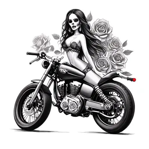 Skull Roses Woman Motor Cycle