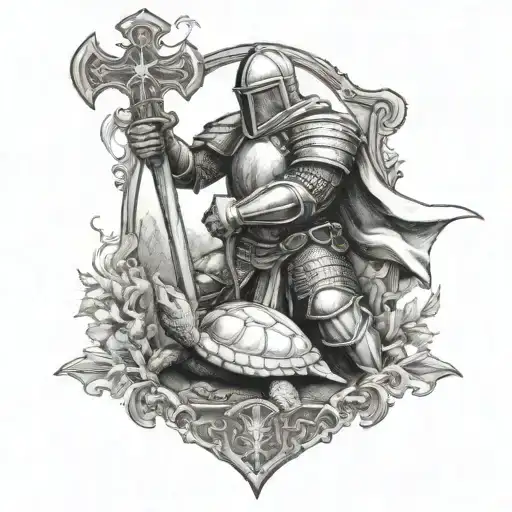 Knight Kneeling At Cross With Flaming Sword With Turtle On Shield