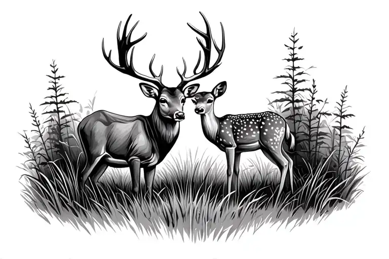 Two Deer In A Field One Buck And One Fawn