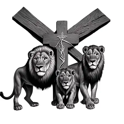 Dad Lion And 2 Realistic Lion Cubs At The Foot Of A Christian Cross