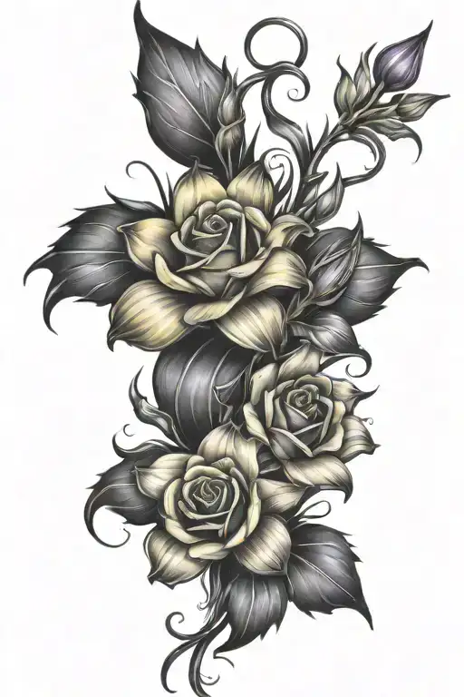 Yellow Roses Purple Freesias And Star Gazer Lilys With Thorns Wrapped Around Them