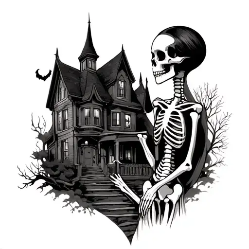 Skeleton Couple Getting Married In Front Of Haunted House