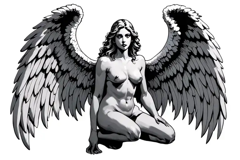 Kneeling Angel With One Holy Wing And One Evil Wing Spread