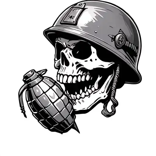 Skull With Helmet Pulling Pin On Grenade With Teeth