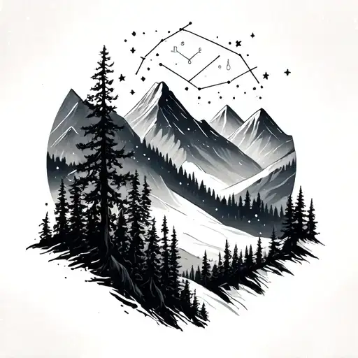 Mountains With Trees And Gemini And Capricorn Constellations