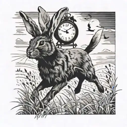 A Field With Clocks In The Air With A Rabbit In Grass Field With A Dog Chasing The Rabbit