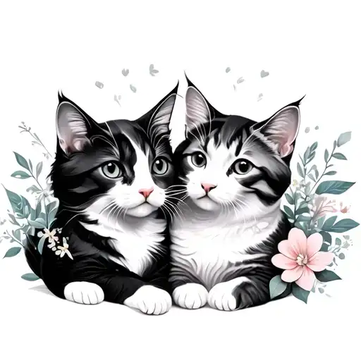 Black And White Cats Loving With Flowers Around It