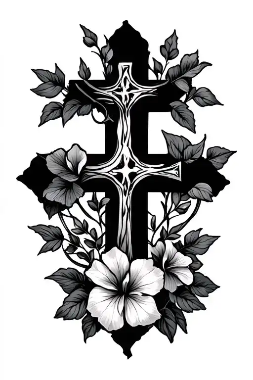 A Dainty Cross Tattoo Surrounded By Morning Glory Vine