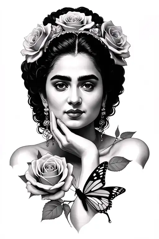 Frida Kalo With Roses And Her Hand Under The Chin With A Butterfly Posing In Her Knuckles