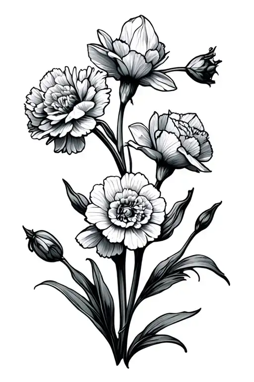 Line Drawing 2 Carnations And One Narcissus