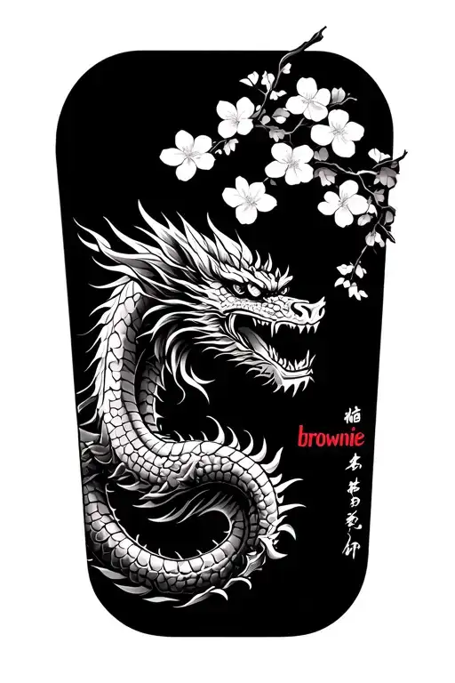 Samurai And Dragon With Cherry Blossoms And 'Brownie' Written In Kanji