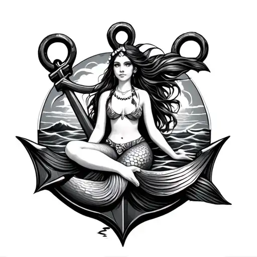 Native Girl Mermaid Sitting On Anchor