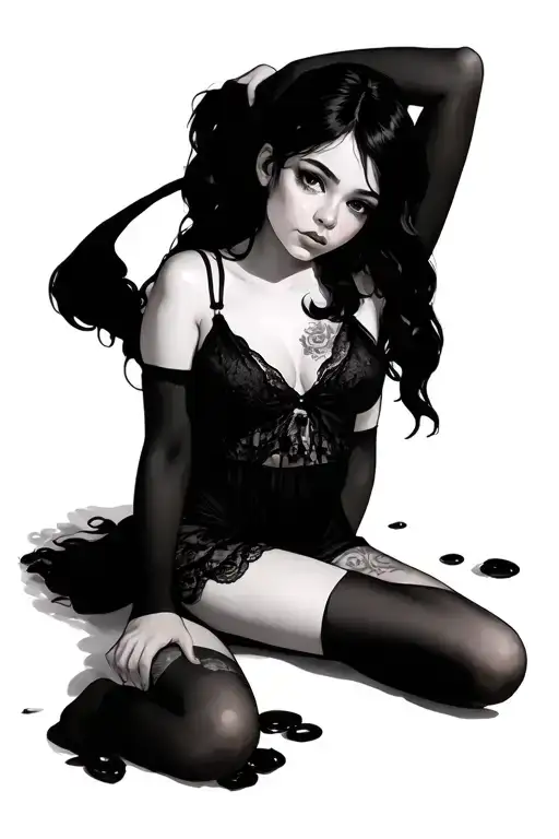 Dark Haired Girl Wearing Thigh High Stockings And Short Lace Nightgown