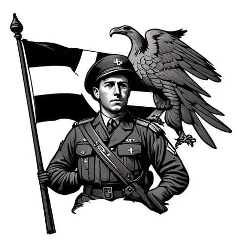 Wehrmacht Soldier With A Reich Flag In The Background And An Eagle On His Right Side
