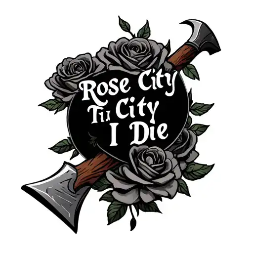 A Tattoo Which Says Rose City Til I Die Surrounded By Roses And Axes