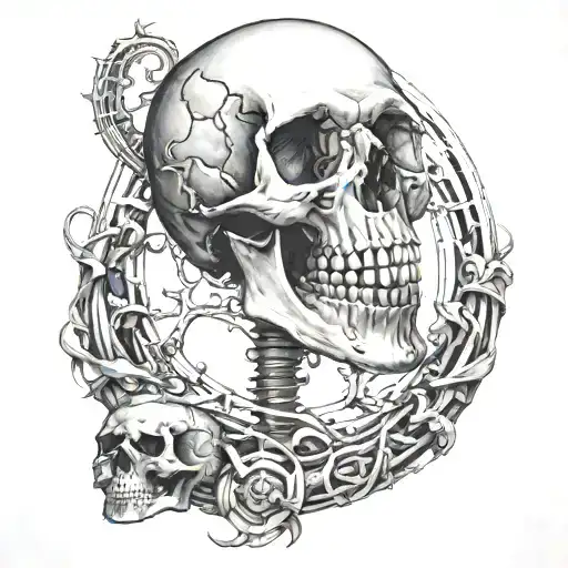 Ouroboros In The Form Of A Human Skeleton And Skull From Side Profile On The Thigh