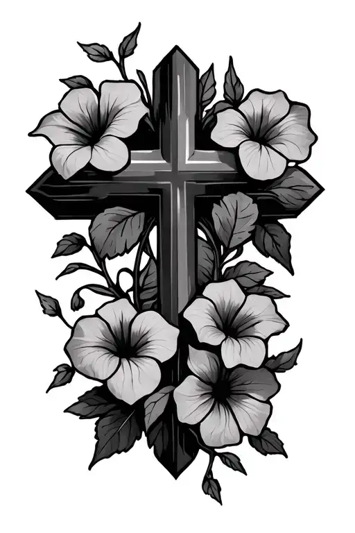 A Simple Cross Tattoo Surrounded By Morning Glory Vine
