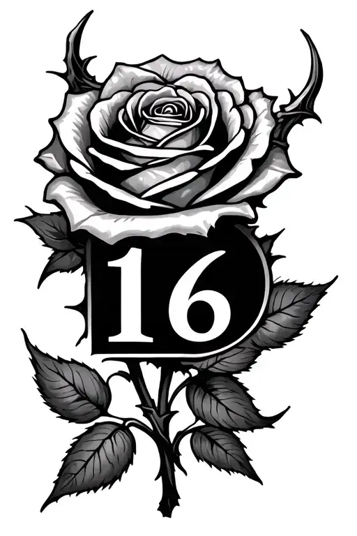 Rose Tattoo With The Roman Number 16 In It With Thorns Around It
