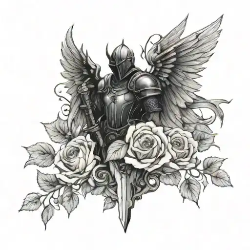 Black Knight With Sword And One Black Angel Wing In Roses And Thorne Vines