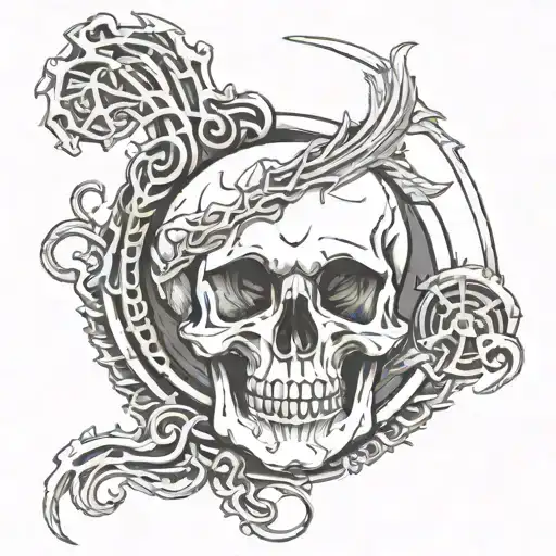 Ouroboros In The Form Of A Human Skeleton And Skull From Side Profile On The Thigh