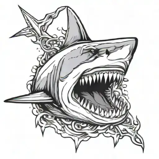 Great White Shark With An Anchor In Its Mouth And A Navy Sailor Hat On Its Head