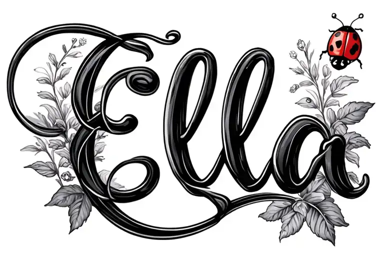 The Word Ella In An Elongated Cursive Font With A Small Lady Bug Incooperated