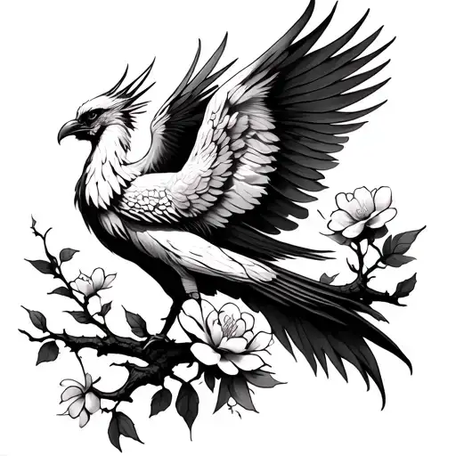 Phoenix On A Charry Blossom Branch On The Spine