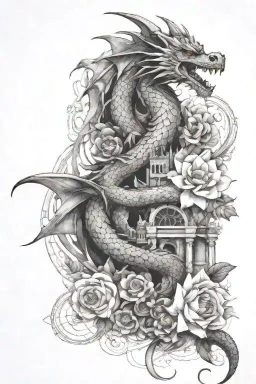 Flowers With Dragon Abd Abstract Architecture