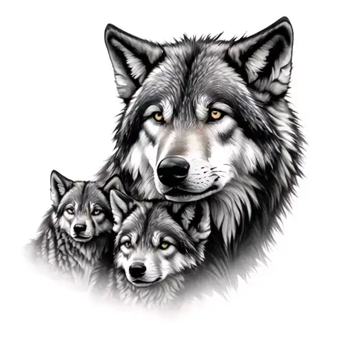 Realistic Alpha Wolf With Two Cubs