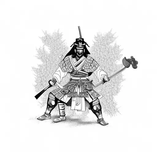 Samurai Standing Side On Underneath A Cherry Blossom