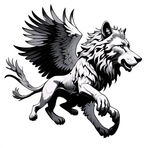 Wolf Lion Pheonix Flying Behind A Lion