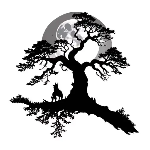 Majestic Tree Growing And Wolf Howling At The Moon