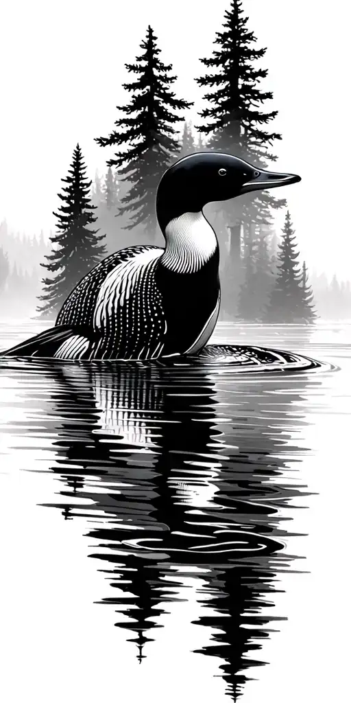 Loon Swimming On A Lake Surrounded By Forrest Scene