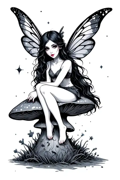 Create A Goth Toothfairy With Long Black Hair Sitting On A Mushroom With A Space Background