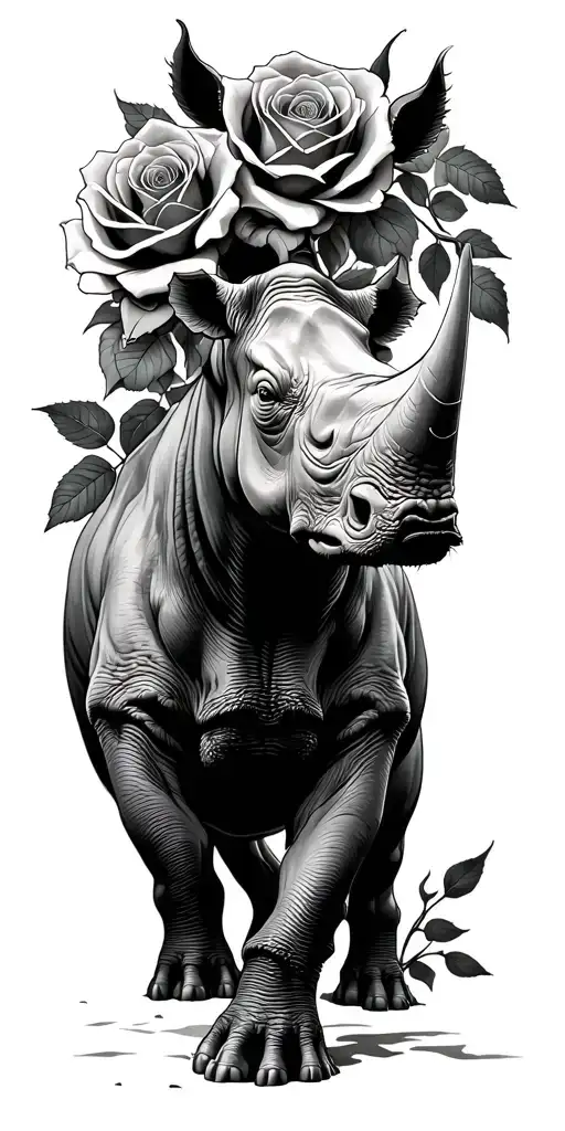 Rhino Standing Strong Amidst Roses Intertwined