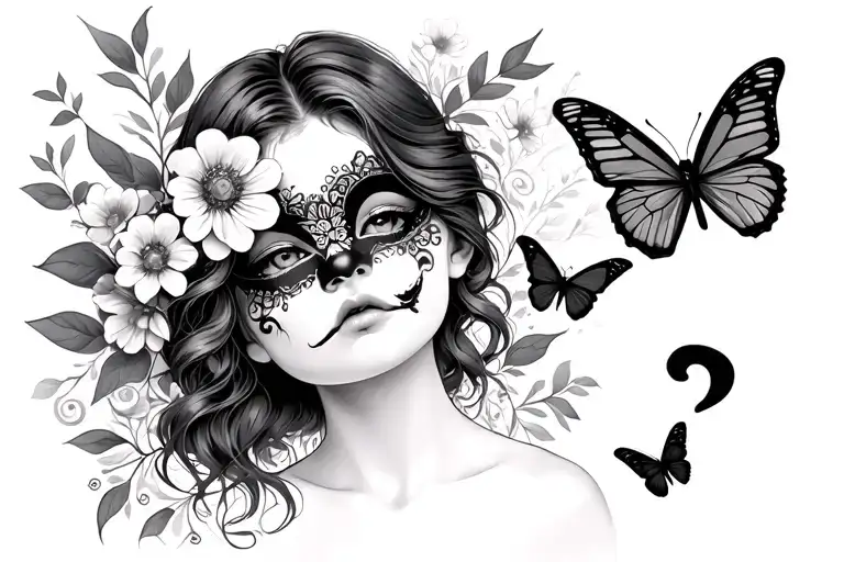 Happy And Sad Mask Girl With Flowers Butterflies And A Semicolon