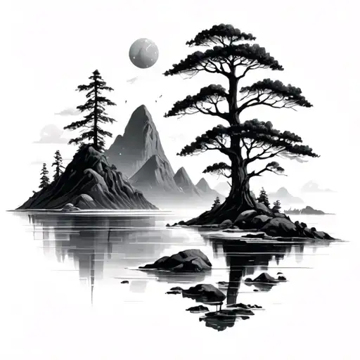 Sacred Geometry Trees Mountains And Beach Scene