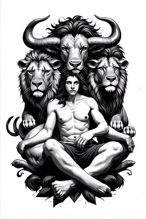 Two Hands With A Person Sitting Surrrounded By Bulls And Lions