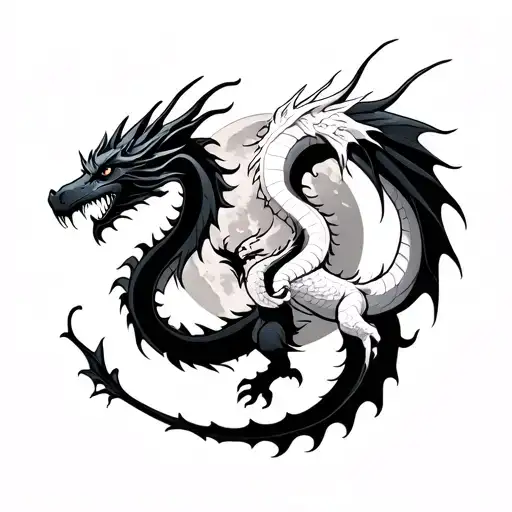 Black Dragon And White Dragon Intertwined In Front Of A Full Moon