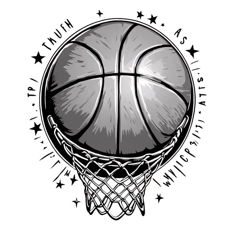 Basketball With A Hoop With Rays Coming Off The Basketball With Stars And Some Words