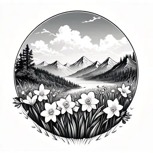 Nature Themed Tattoo To Add On To Existing Daffodils And Mountains