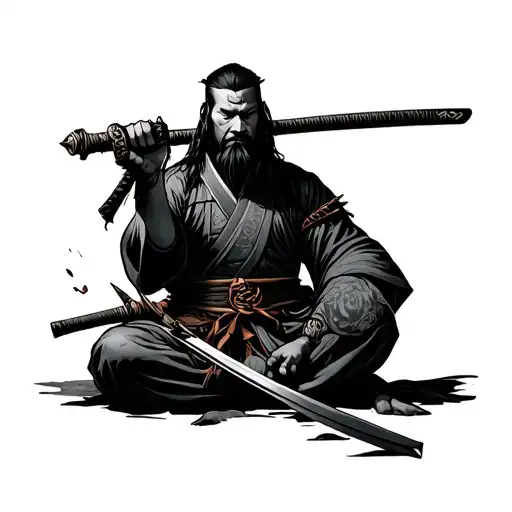Samurai Sitting Alone With A Sword Piercing