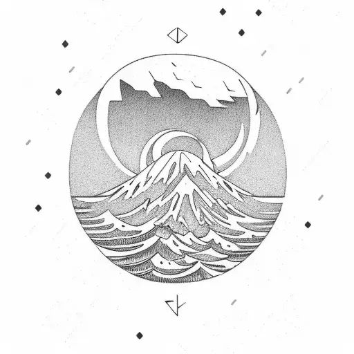 Volcano Mountain Sun Moon Sea Ocean Wave Positive