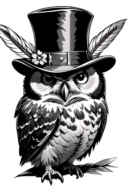 Owl In Top Hat With Blade Feathers Side View