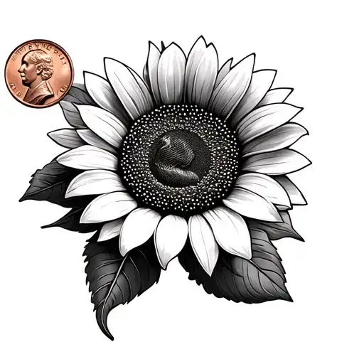 Australian Penny From 2023 As A Tattoo Black In 3D Drawing With A Sunflower Incorporated Next To It
