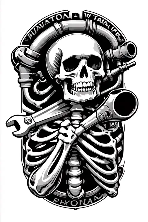 Extremely Realistic And Detailed Plumbing Skeleton Bones Holding A Pipe Wrench