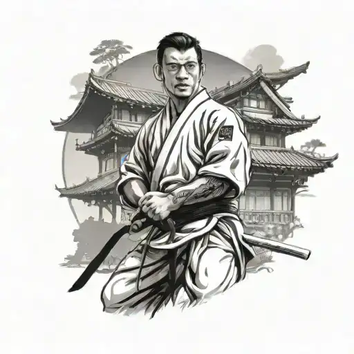 Black Belt Karateka In A Respectful Position With A Japanese House In The Background