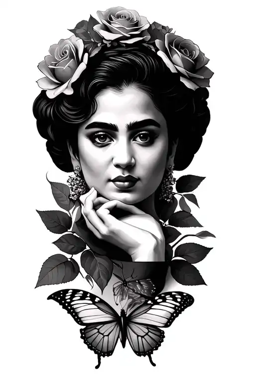 Frida Kalo With Roses And Her Hand Under The Chin With A Butterfly Posing In Her Knuckles