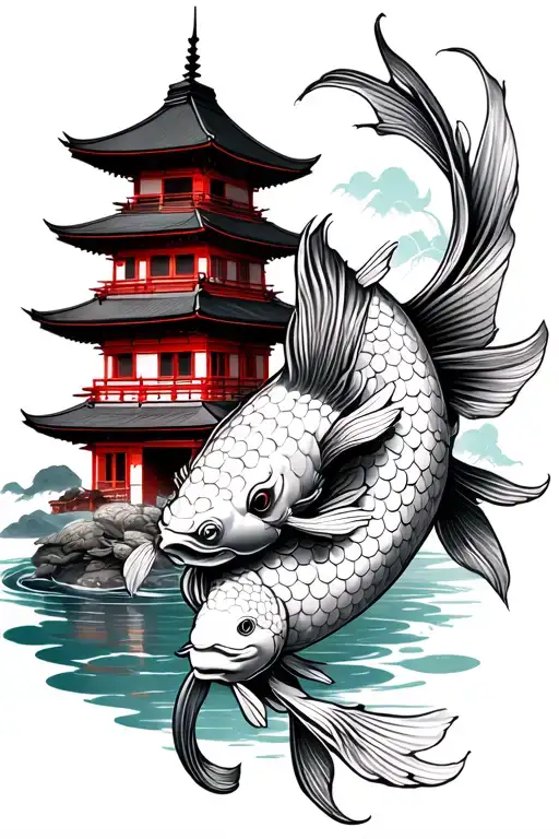 Japanese Style Temples And Koi Fish