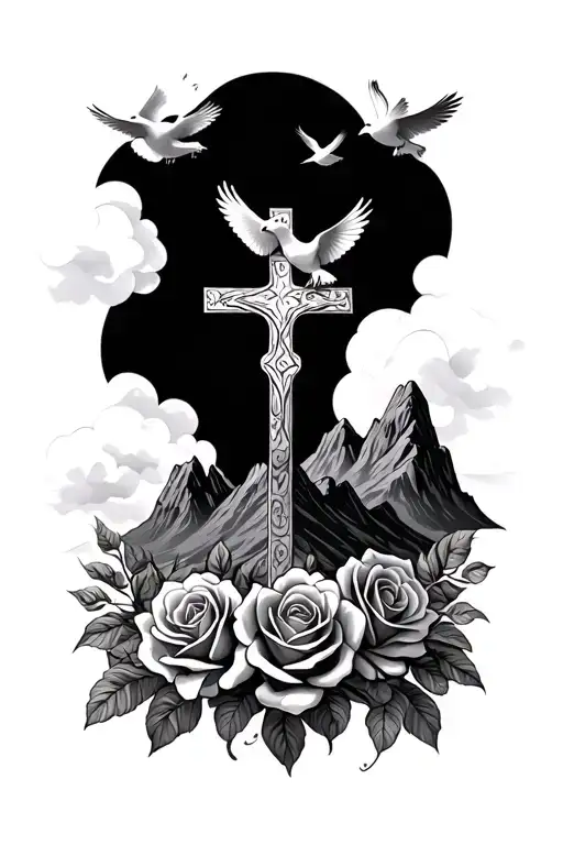 Cross With Mountain Scape Roses And Doves